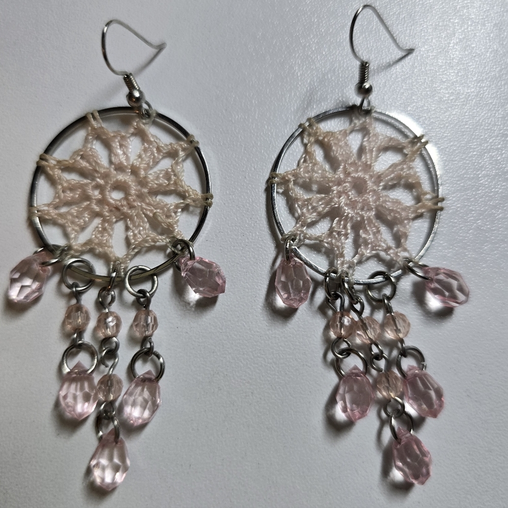 Elegant Pink and Silver Dreamcatcher Earrings